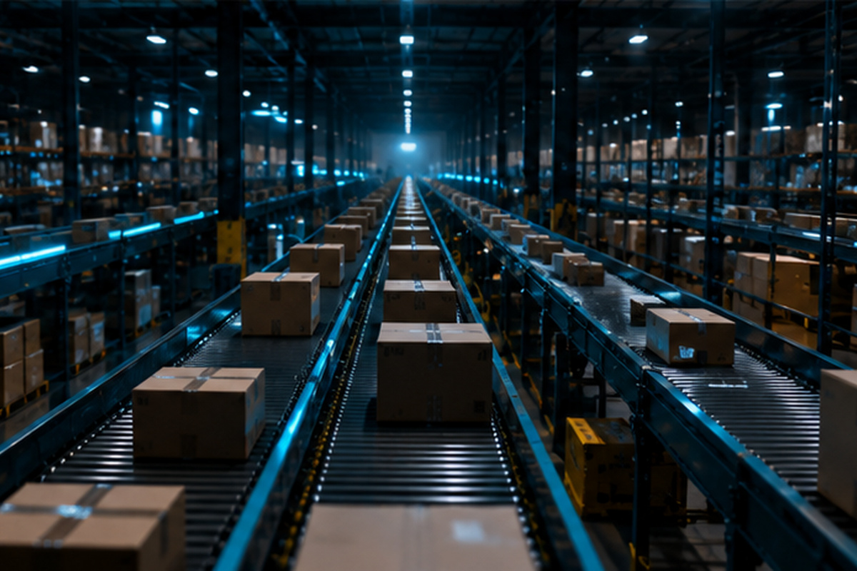 Logistics hall at night with rows of parcels on conveyor belts lit by cyan light