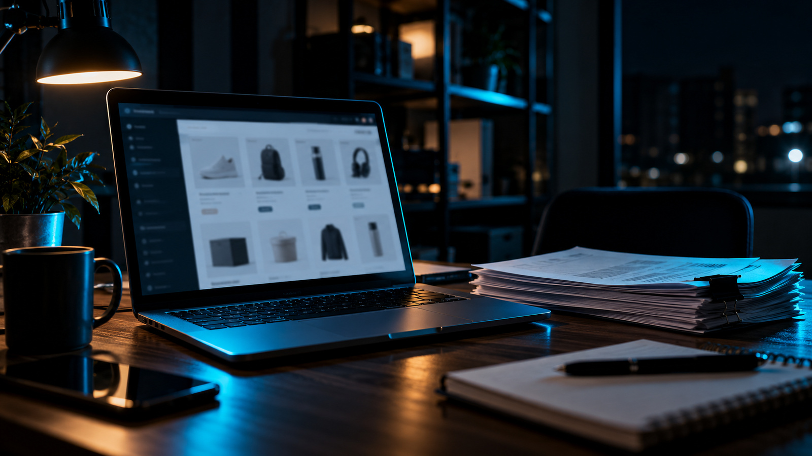 Laptop showing a blurred online shop and closed documents on a desk in the dark, cyan light on a dark background