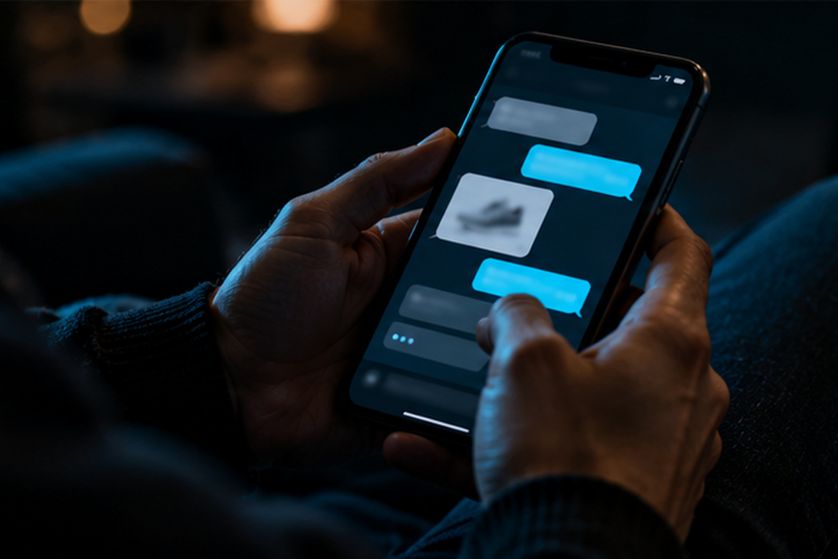Hands holding a smartphone with a support chat on screen in a dark room