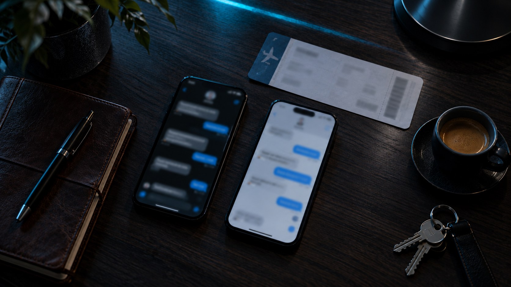 Due smartphone sulla scrivania con carta d'imbarco: Instinct AI coordina un viaggio