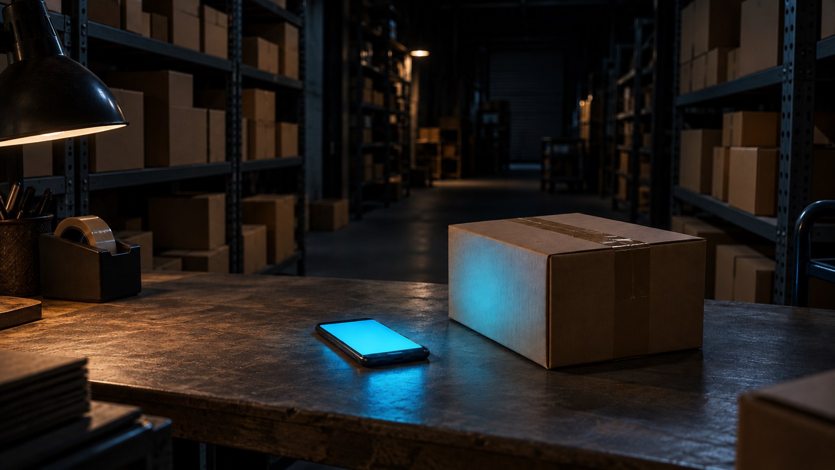 Smartphone e pacco sulla scrivania di un magazzino: l'agente AI come nuovo cliente dell'e-commerce